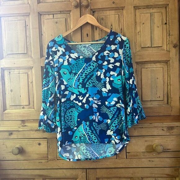 Escapada Living Small Blue Fish Printed 3/4 Sleeve Blouse - Picture 1 of 7